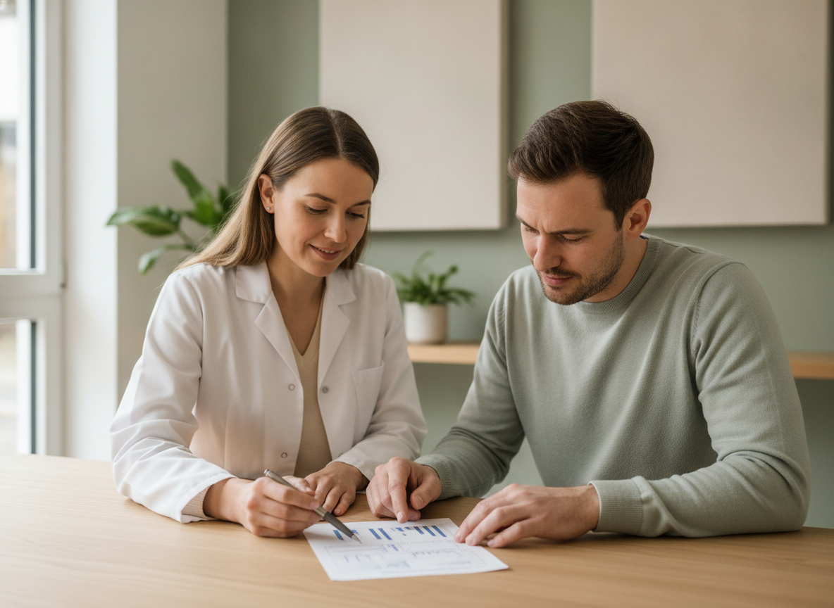 Ärztin bespricht einen Befundbericht gemeinsam mit einem Patienten